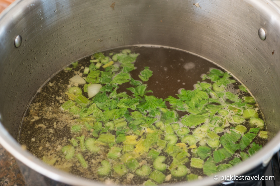 Celery, Carrots and turkey meat go back into stock to cook into turkey soup