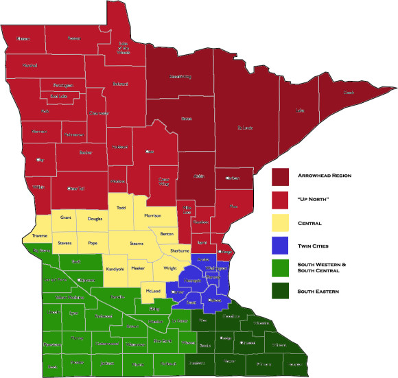 Map of minnesota divided by county and region