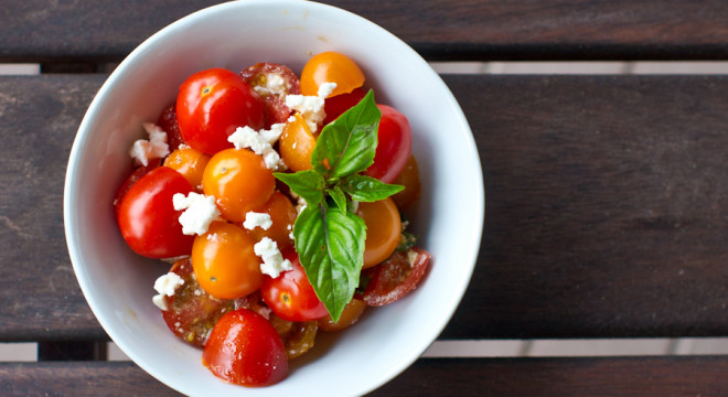 Beautiful Salad ingredients- feta, tomato, basil, salt, pepper and balsamic vinegar