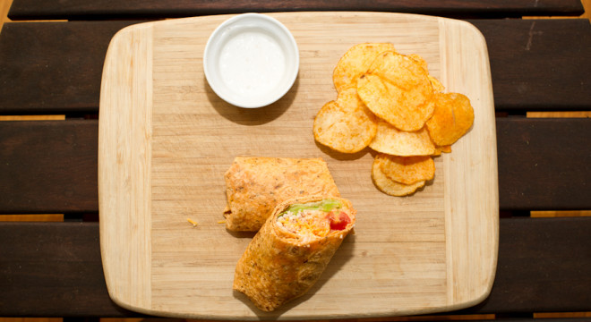 Buffalo Chicken Wraps served with ranch dressing and chips
