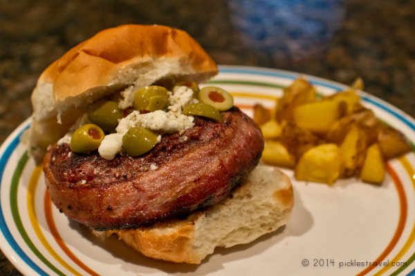 Blue Cheese Juicy Lucy venison burger wrapped in bacon