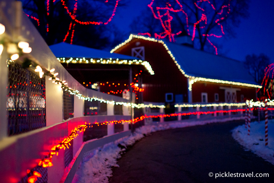 The big red barn at Sibley Park decorated for Kiwanis Holiday Light Display: A colorful Christmas outdoor Holiday Light show by the Kiwanis club in Mankato- on display in Sibley Park- the perfect winter activity for the whole family to enjoy. Click to find out when Santa is available