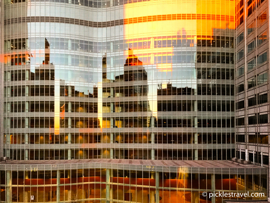 Rochester skyline reflected at sunrise in the Mayo Clinic